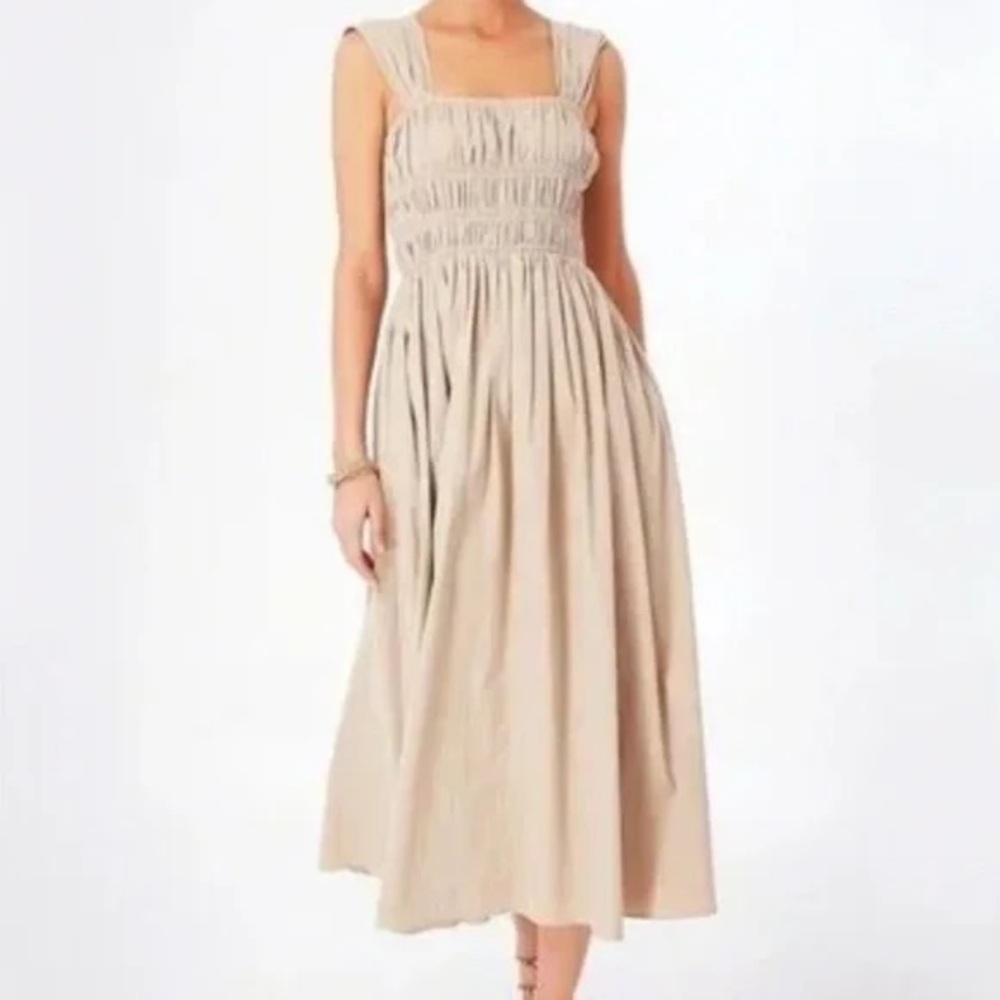 Pomander Place Noah Beige Smocked Midi Dress